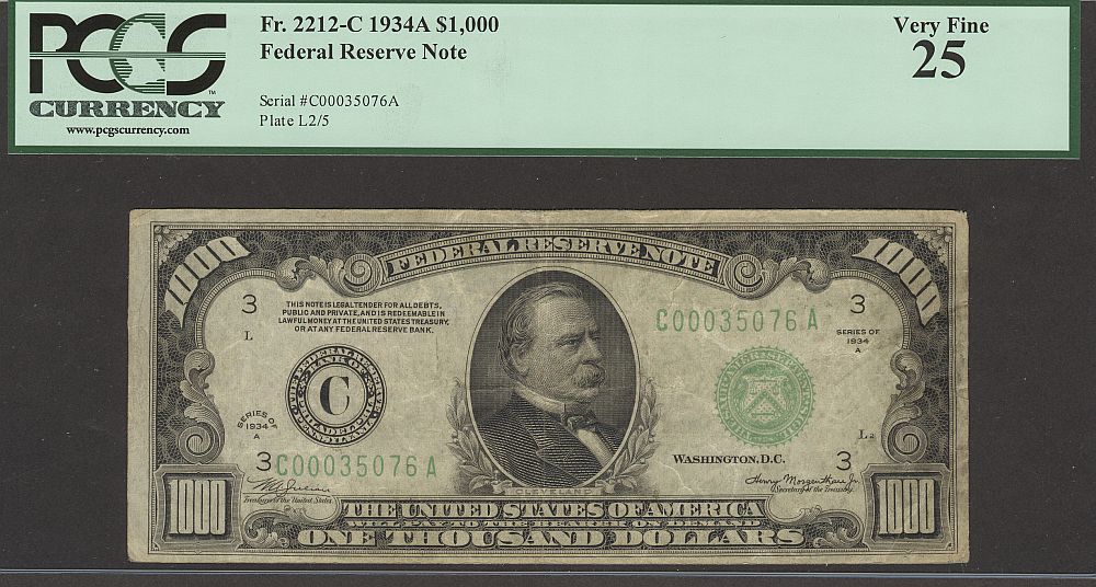 Fr.2212-C, 1934A $1000 Philadelphia FRN, C00035076A, Very Fine, PCGS-25